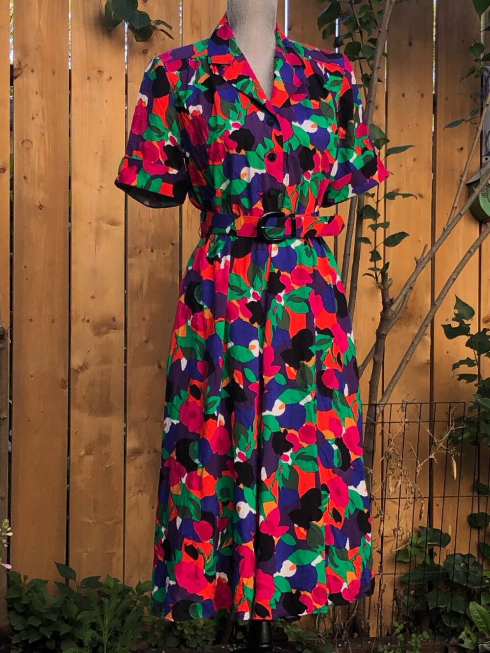 70s 80s Vintage Bold Belted Button Down Floral Maxi Prairie Dress